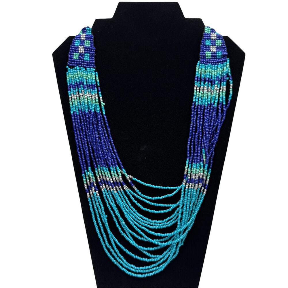 Boho Chic Seed Beaded Statement Necklace Multi-Strand Blue Turquoise Silver 21"